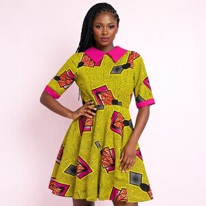 Ankara A Line African Dress Women’s 10 12 Green Pink Geometric Print Handmade